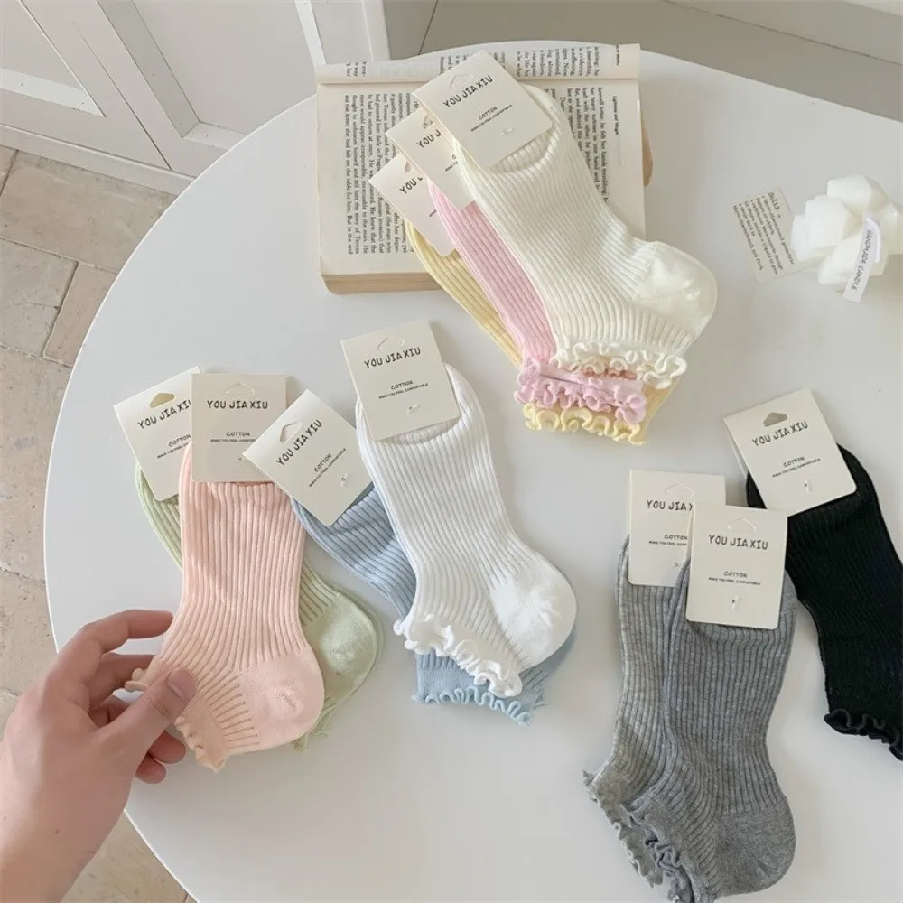 Sweet Thin Ruffle Socks Cotton Breathable Short Socks Solid Colors Frilly Socks for Summer