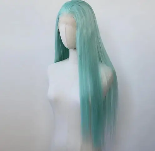 Mint Green Synthetic Lace Front Wig Long Straight Mint Color Synthetic Wig Pre Plucked Heat Resistant Hair Wig