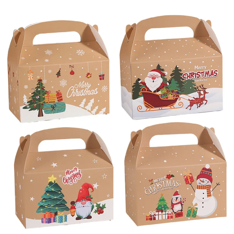 Caja de regalo de Navidad de papel Kraft con asa, cajas de embalaje de regalo de recuerdo de manzana de Nochebuena, suministros para fiesta de Feliz Navidad de Año Nuevo, 12/24 Uds.