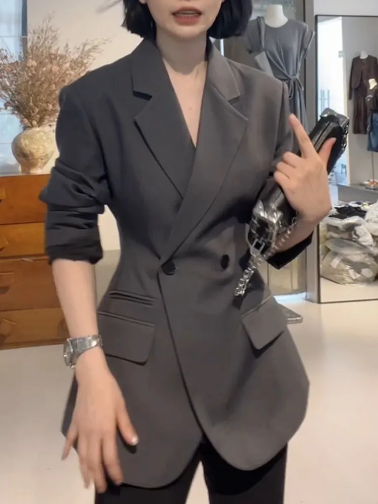 Spring Autumn Blazers Women Notched Double Breasted Slim Elegant Suit Jacket Long Sleeve Office Lady Fashion Versatile Suit Coat