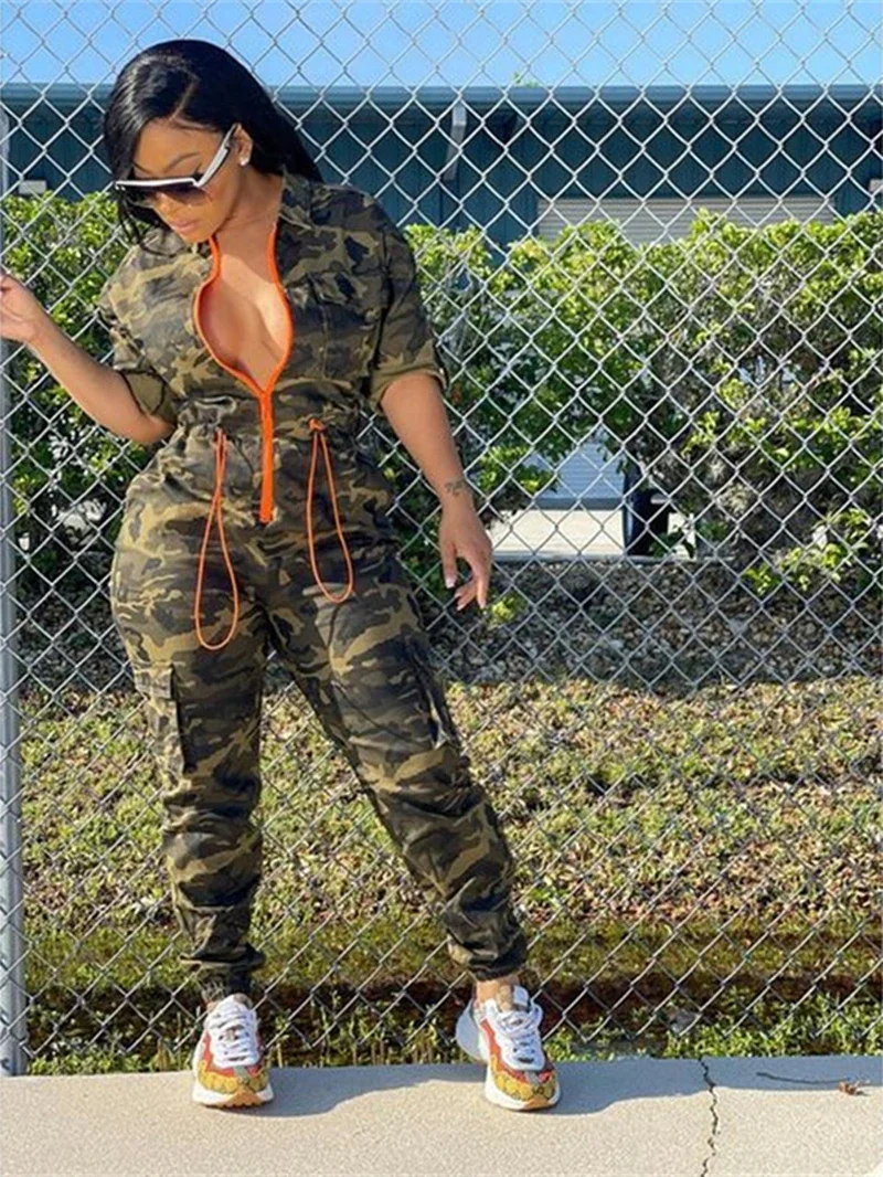 Streetwear Camouflage Print Jumpsuits for Women Summer Clothing Short Sleeve Zip Up Rompers Playsuits One Pieces Overalls Outfit