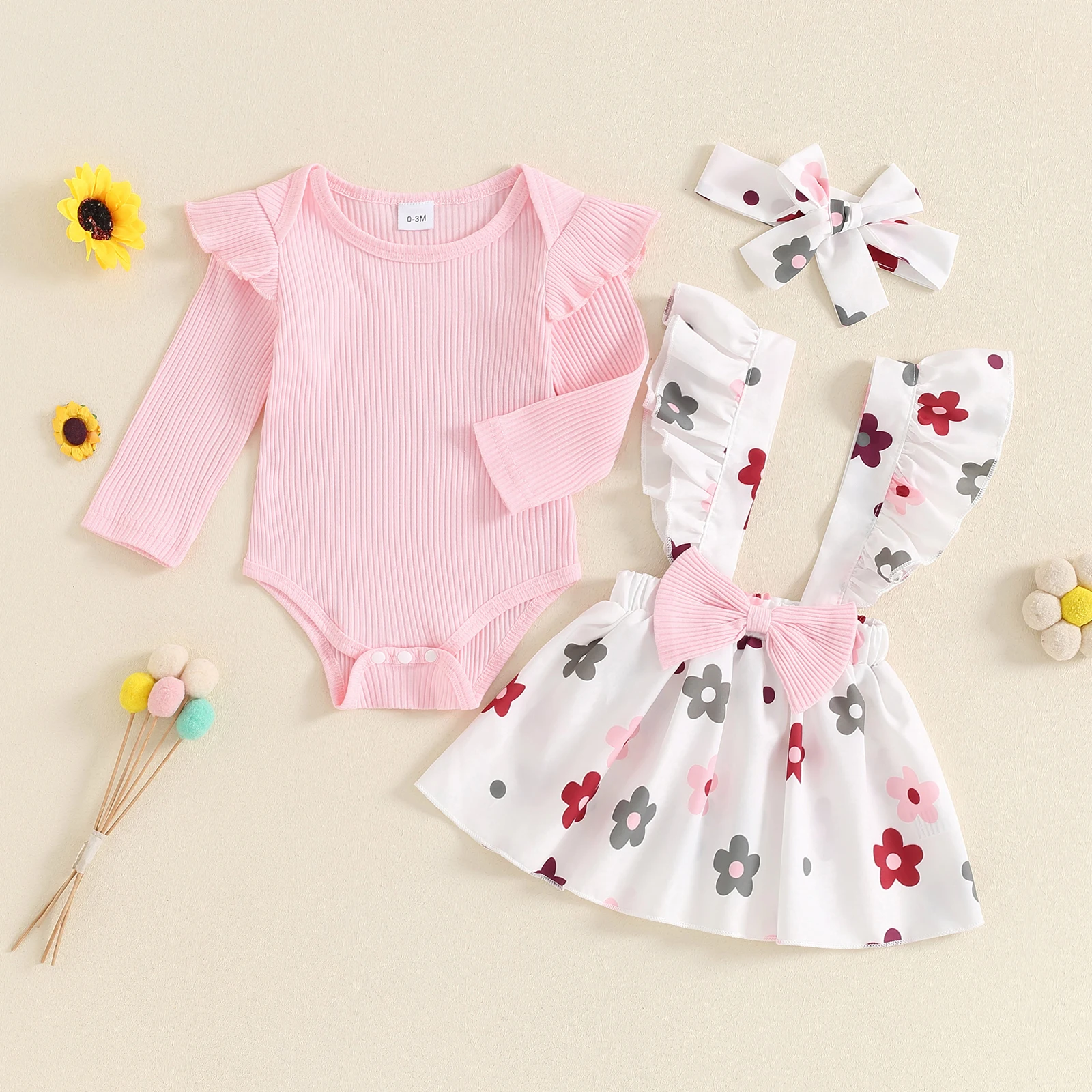 

Fashion Princess Toddler Baby Girls Skirts Long Sleeve Ribbed Romper Bow Suspender Skirt Hairband Children 3pcs Clothing Set