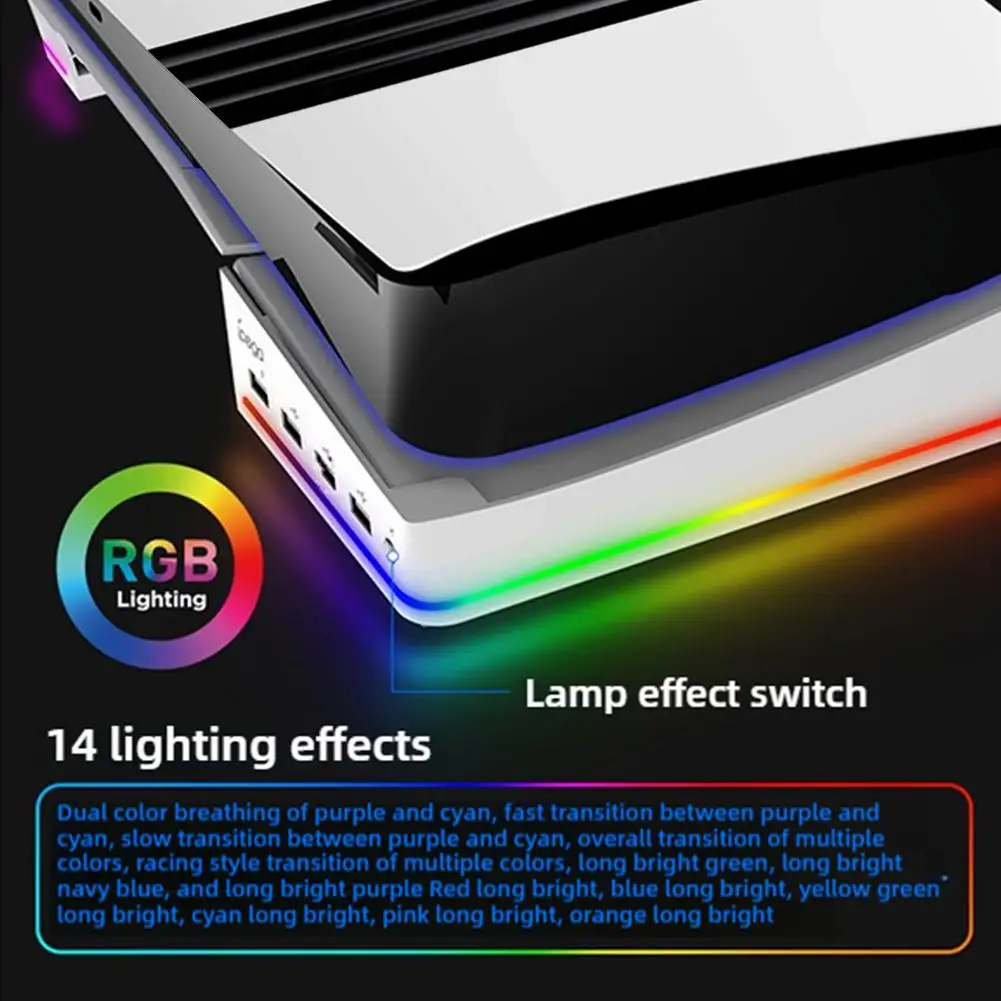 For PS5pro Console Horizontal Stand Digital Version Optical Drive Version 4 USB 2.0 Ports 14 RGB Lighting Gaming Accessories