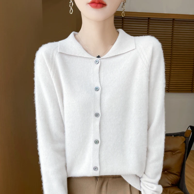 New 100% Wool Cardigan Sweater Women Turn-down Collar Long Sleeve Top Solid Color Autumn Winter Female Knit Casual Warm Jacket