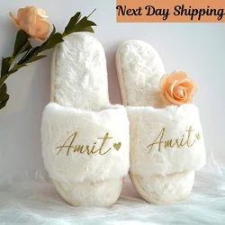 Personalized Wedding Fluffy Slippers Custom Bride Slippers Bachelorette Party Bridesmaid Gifts Women's Faux Fur Slippers