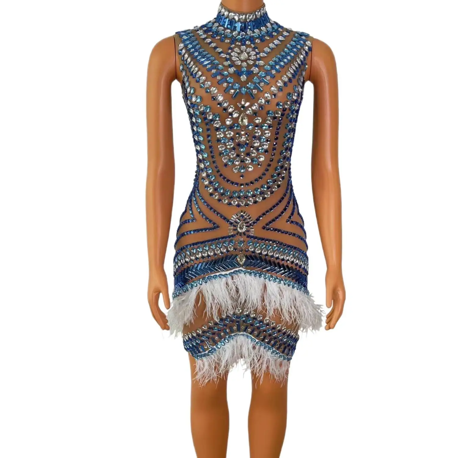 

Lanbo Womens Luxury Blue Rhinestone Sheer Mesh High Neck Feather Trim Bodycon Mini Dress Formal Evening Party Prom Stage Outfit