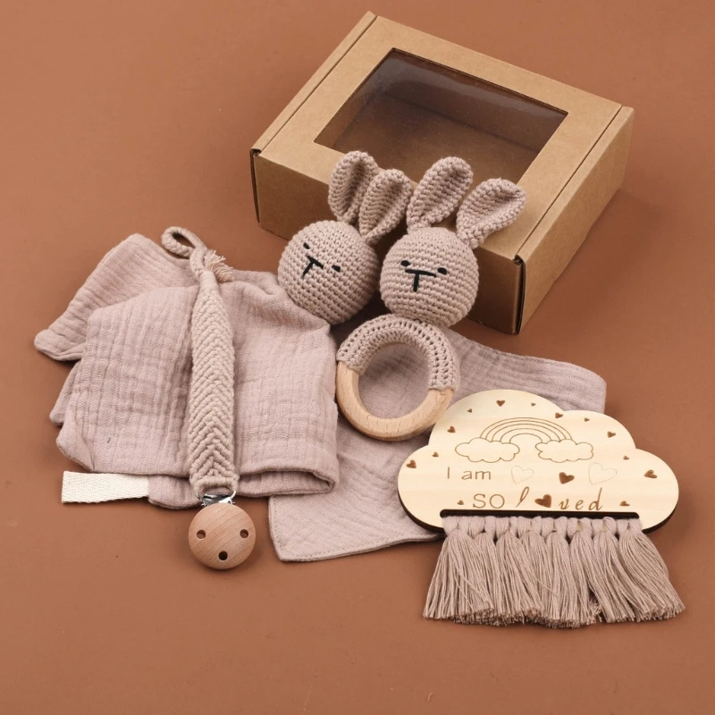 1 Set Baby Bath Towel+Crochet Rabbit Rattle Toy Newborn Birthday Gift Box Cotton Gauze Boy Girl Face Towel Feeding Bib Washcloth