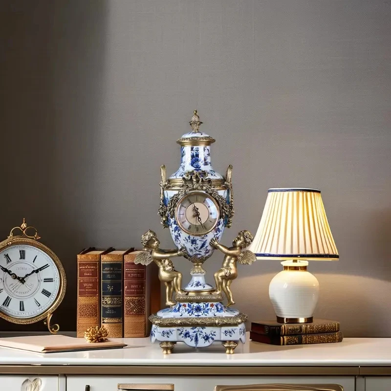 European & American Style Bronze Angel Bell + Blue & White Porcelain Enamel Decor – Home Ornament Set