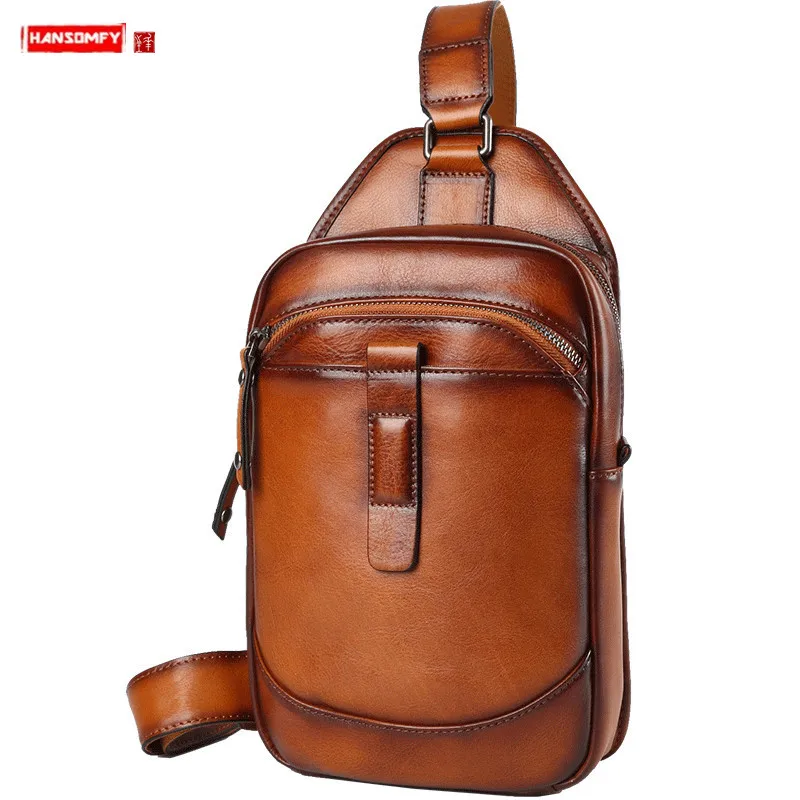 2024 New Men's Chest Bag Genuine Leather Men Messenger Bag Male Shoulder Bag Casual Small Back Pack 2024 Trendy Brand Men's Bags