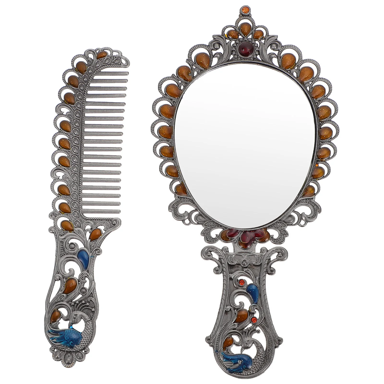 1Set Compacte Vintage Reliëf Pauw Spiegel Kam Opvouwbare Make-up Handheld Mini Draagbare Make-up Spiegel Metalen Tool Gift