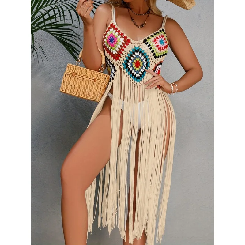 

Women Hollow Out Crochet Cover Up Swimwears Chic Boho Tassel Fringe Dress Sexy Beach Bikini Dress Knitwear Solid Cover-Ups