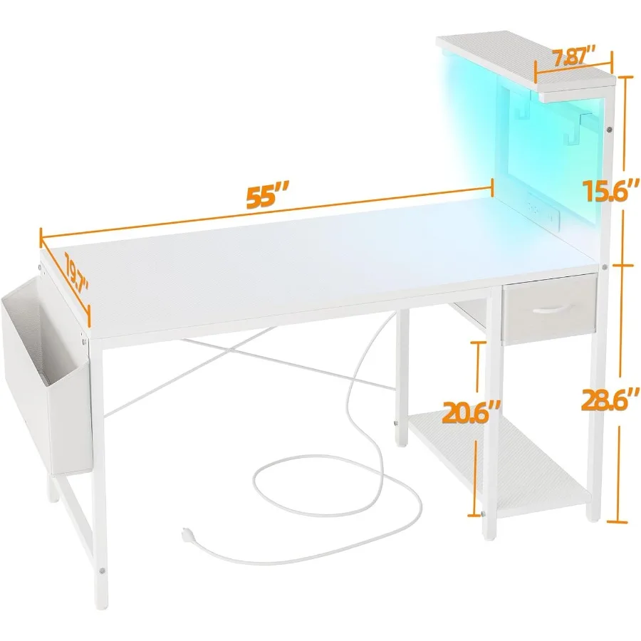 مكتب ألعاب مقاس 55 بوصة مع مخرج طاقة مدمج وإضاءة LED قابلة للتعديل لإعداد المكاتب المنزلية وأرفف قابلة للعكس وS مخفية #3