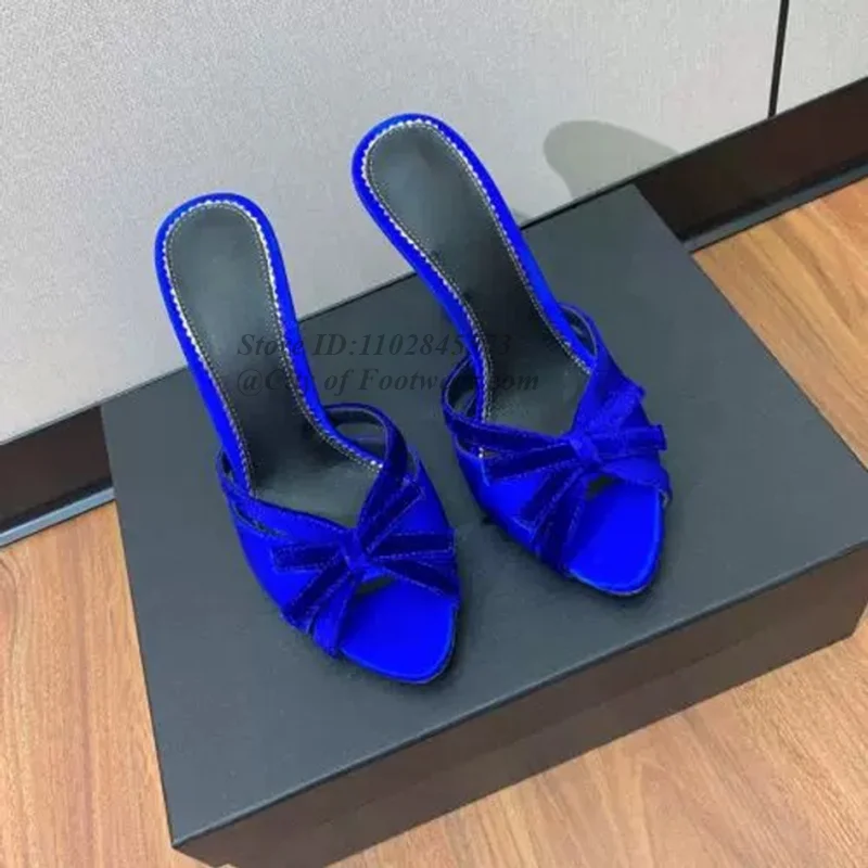 الملونة لطيف القوس اللمحة تو النعال المرأة جلدية الساتان عالية الكعب حجم كبير البغال الفاخرة مصمم الوردي/الأخضر أحذية تاريخ الحفلات