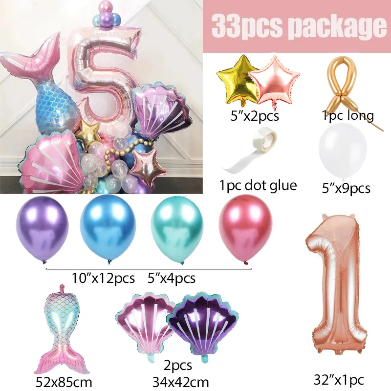 33-teiliges Ballon-Set mit Meerjungfrauenschwanz, Roségold, Zahlenfolienballon, Säulen-Set für Kindergeburtstag, Party-Dekoration, Meerjungfrau-Party, Globos – Detail 1