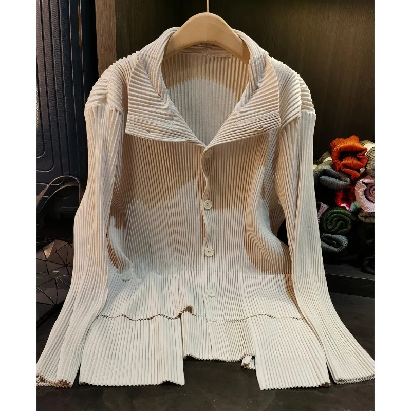 

Miyake Pleated Jacket Women 2026 Stand-up Collar Single-breasted Tops Spring New Design Sense Thin Pleats Solid Pocket Jacket