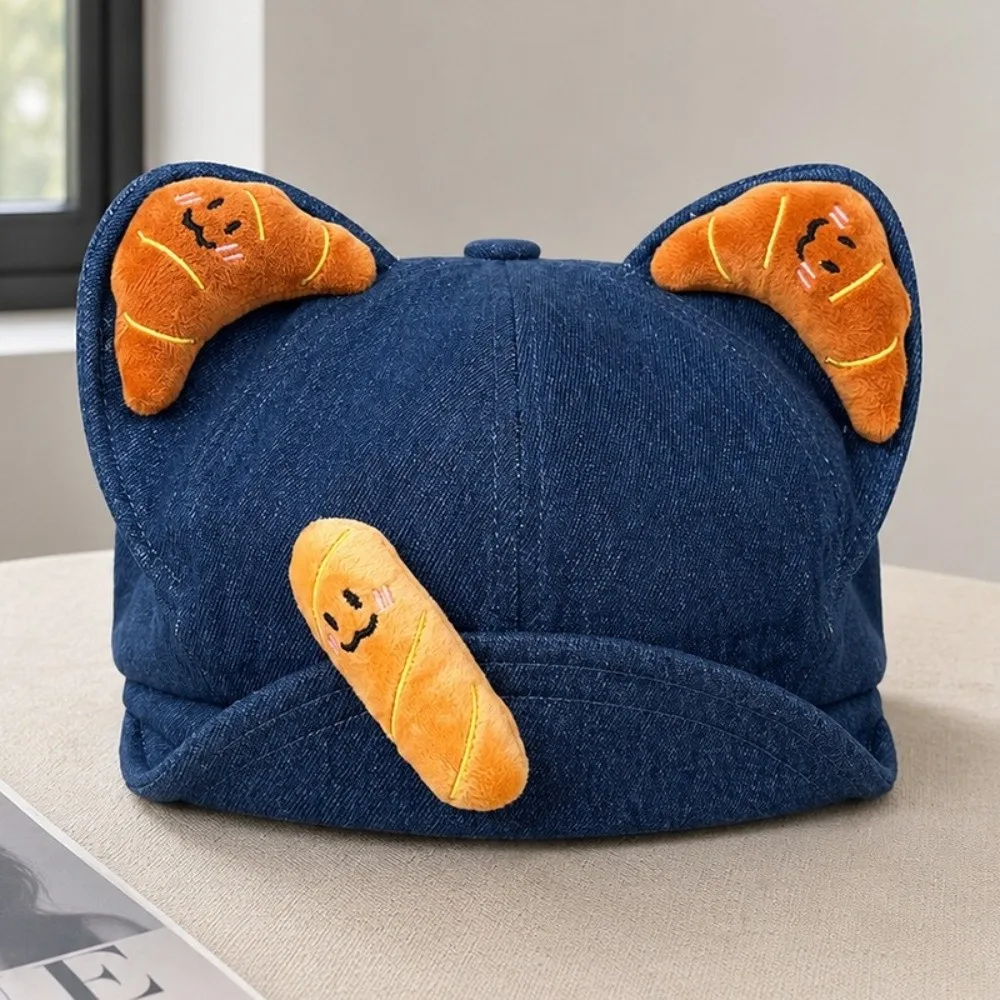Denim Newsboy Beret Cap Croissant Cat Ear Large Head Circumference Octagonal Beret Hat Sweet Japanese Style Cat Ear Cap