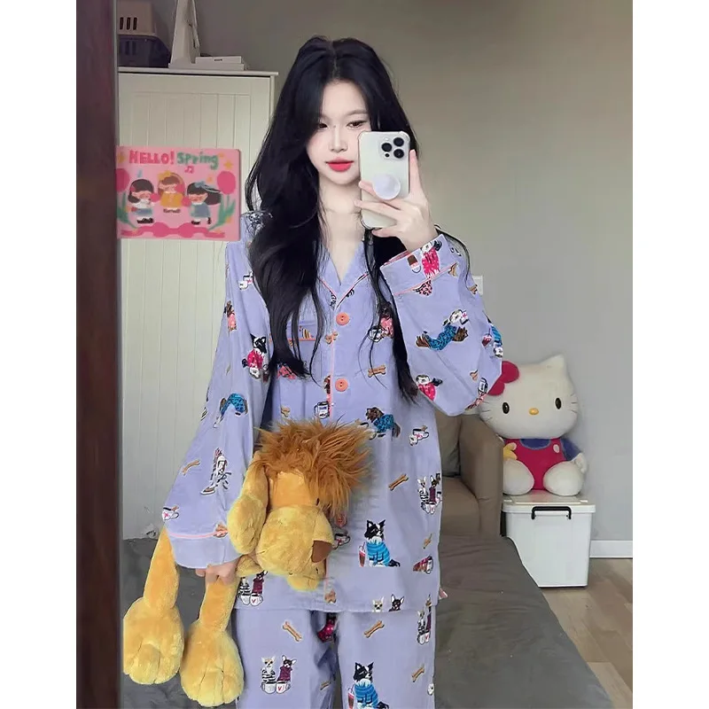 Cartoon Puppy Printing Kawaii Pajamas Spring and Summer Long-sleeved Trousers and Loose Lapels Korean Hot Sale Fashion Sleepwear