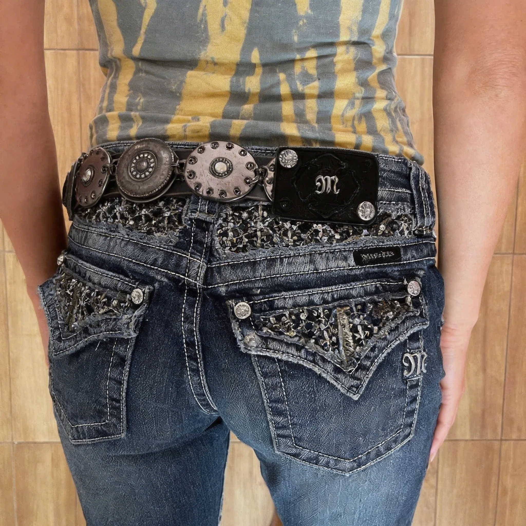 Hip Hop New Blue Embroidered Sequin Pocket Jeans Miss Me Boot Cut Jeans Female Harajuku Gothic Wide Pants Retro Y2k Streetwear
