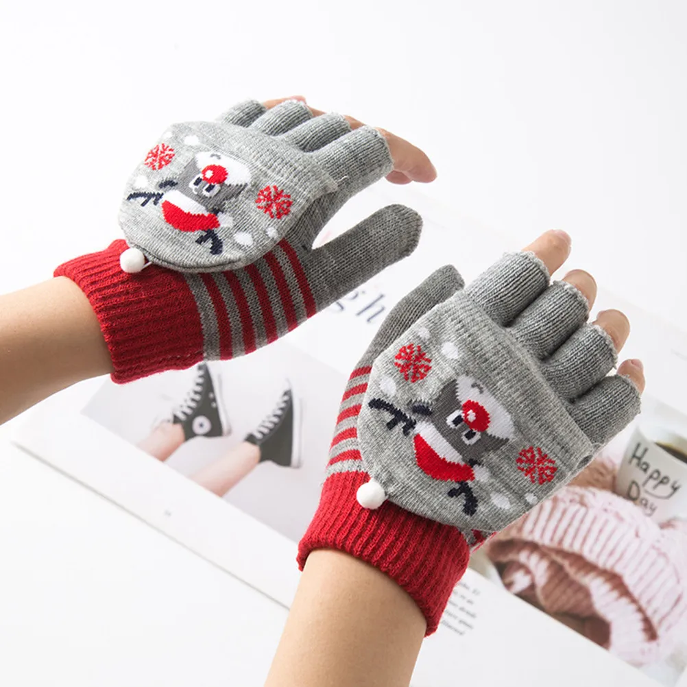 

1Pair Warm Winter Kids Gloves Premium Knit Material Lightweight Yet Toasty for Outdoor Snow Activities Christmas Pattern Grey