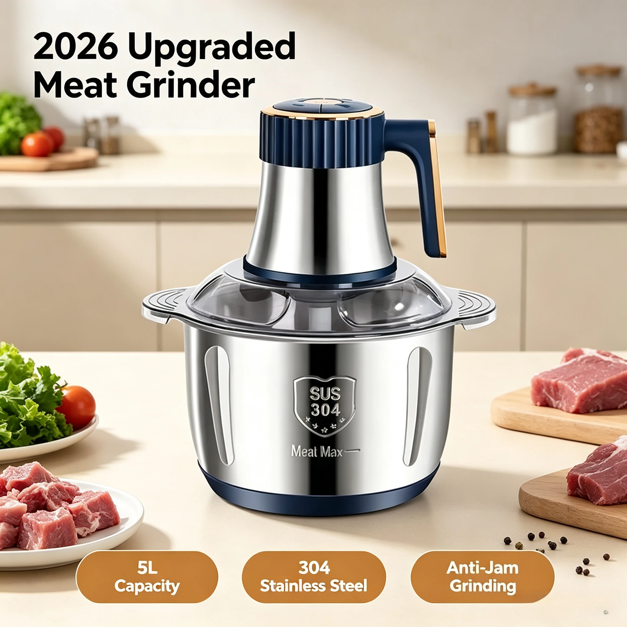 Hot Selling 2026 5L Stainless Steel Bowl Meat Grinder Upgraded Anti-Jam Knife Efficient Fine Minced Meat Maker Home Kitchen Tool