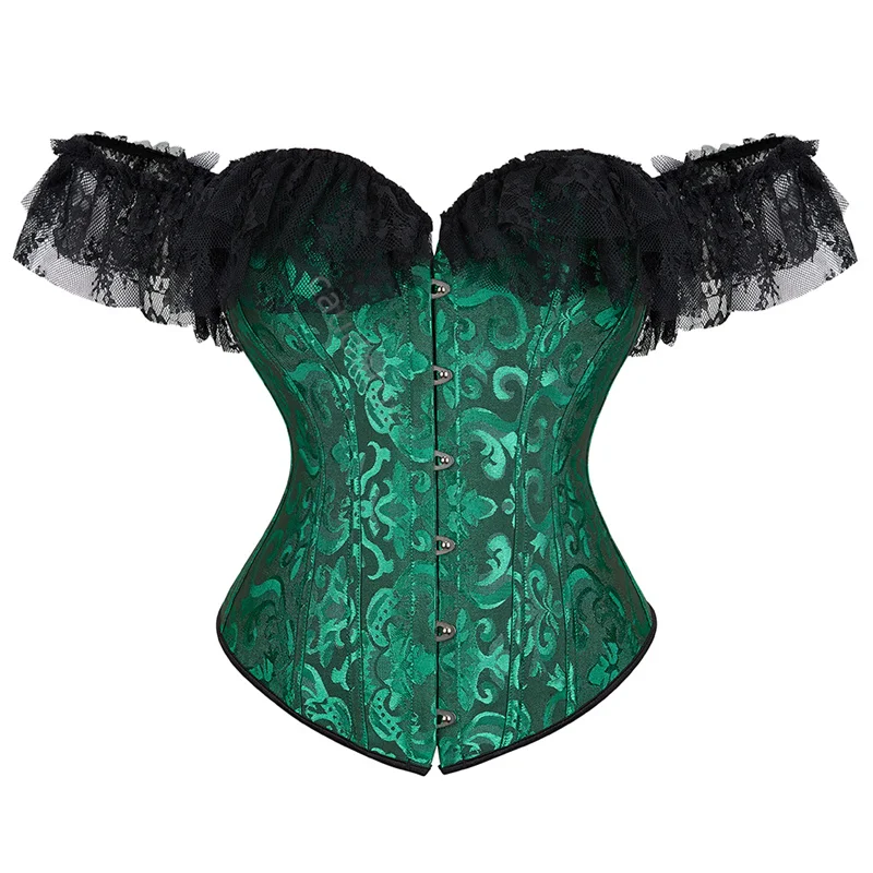 

Green Corset Bustiers Top Women Jacquard Lace Up Trim With Sleeves One Shoulder Overbust Plus Size Costumes Vintage Renaissance