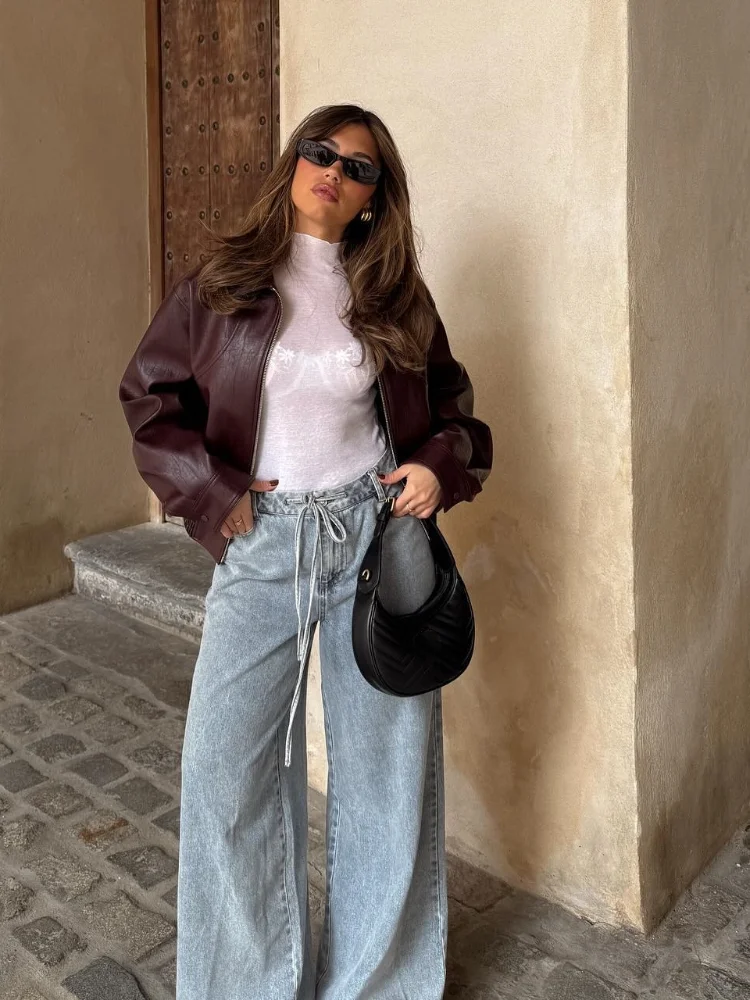 여성용 단색 PU 가죽 따뜻한 재킷, 우아한 긴팔 지퍼 크롭 코트, 여성 통근 거리 상의, 2024 가을 패션