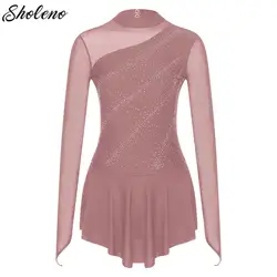 Womens Ballet Tutu Dress Long Sleeves Rhinestone Figure Ice Skating Dancewear Mesh Patchwork Gymnastics Lyrical Dance Costume