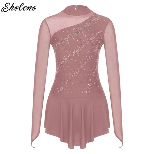 Vestido tutú de Ballet para mujer, manga larga, diamantes de imitación, patinaje sobre hielo, Ropa de baile, malla de retales, gimnasia, traje de baile lírico