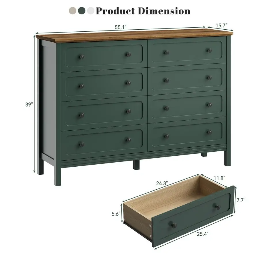침실용 그린 드레서, 55인치 폭 8서랍 드레서, 금속 손잡이와 깊은 서랍이 있는 모던 대형 원목 서랍장
