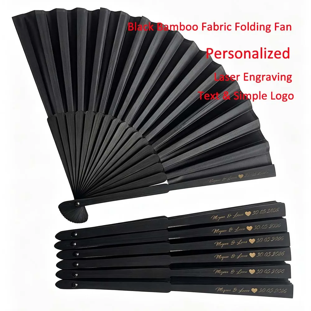 Personalized Black Bamboo Hand Folding Fans Customize Engraving Text for Wedding Birthday Party Favors Promotion Gift Home Decor