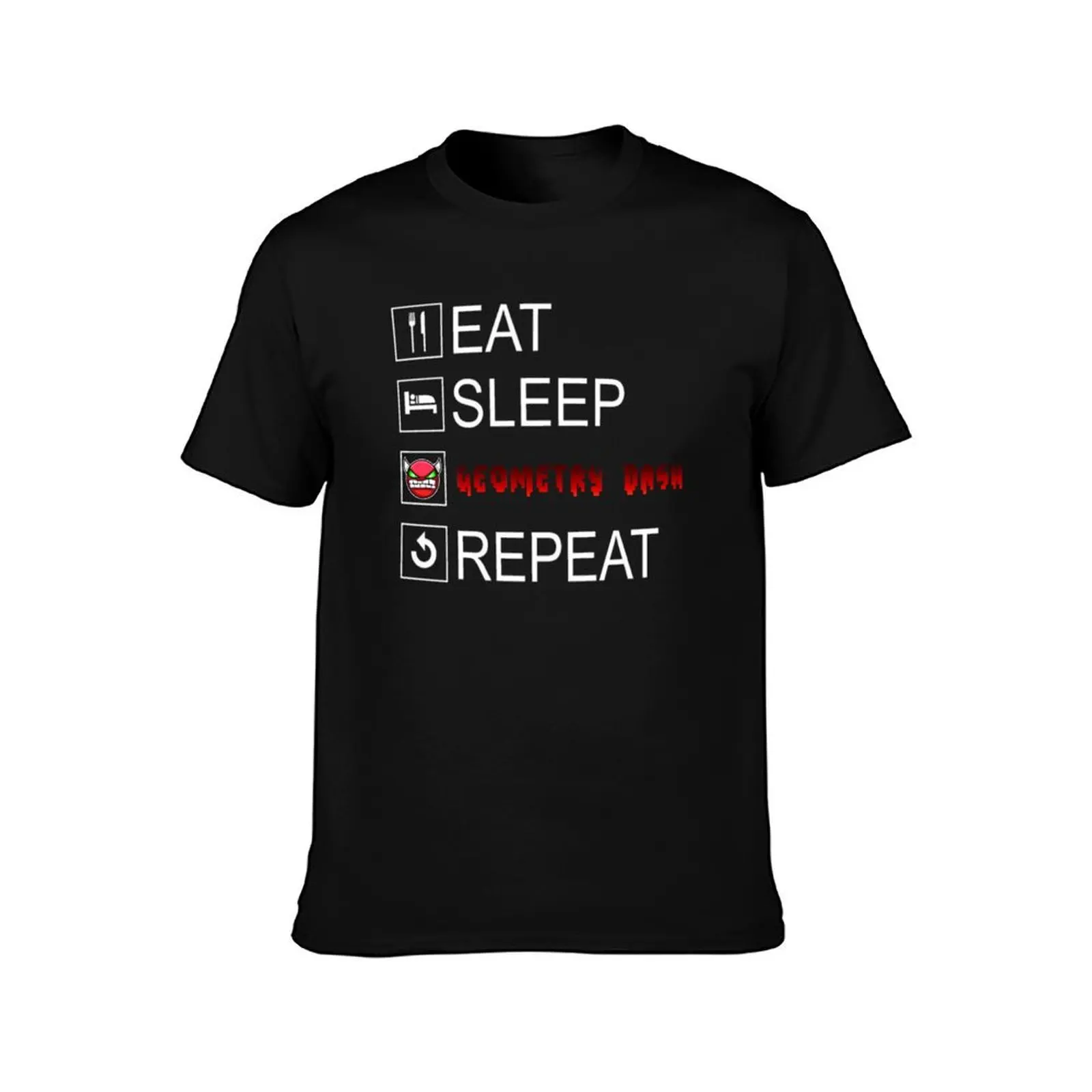 Eat Sleep Geometry Dash Repeat Coloured T-Shirt, Summer Casual Cotton Tee, Oversized Streetwear Tops, Vintage Graphic Print