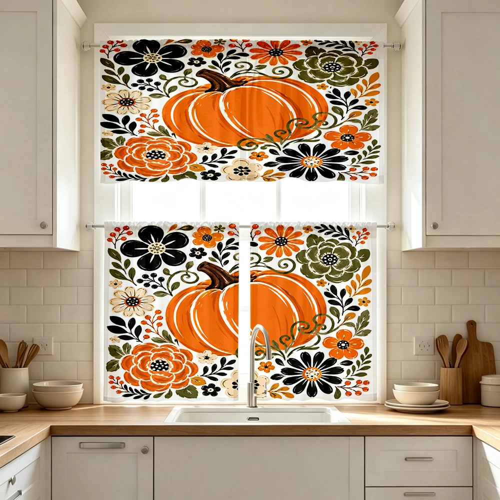 Thanksgiving Fall Kitchen Curtains, Large Pumpkin Flower, Digital Print, Kitchen Dining Room, Rod Pocket Polyester, Home Decor