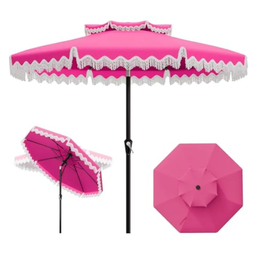 

9Feet Patio Umbrella for Pool Deck Backyard, Fiberglass 8 Ribs Wind-Resistant Material, Beige with Fringe Tassel, Double Tier V