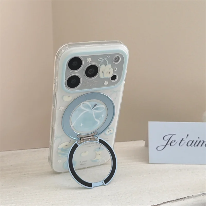 For iPhone 17 16 15 Pro Max Case Cute Blue Fruit Pattern Clear Soft Cover 360° Ring Stand Shockproof Phone Case