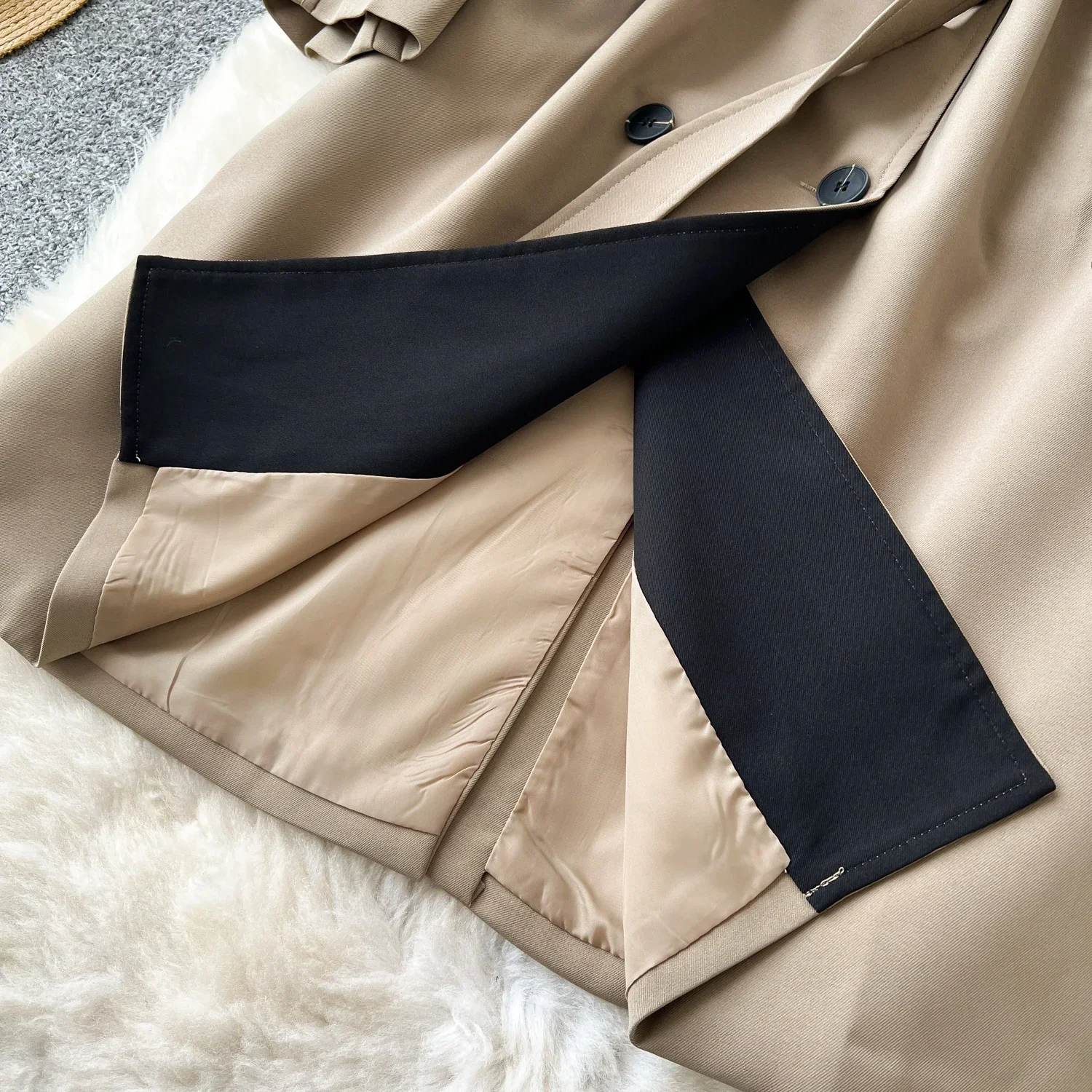 Chic Double Breasted Spliced Women Vintage Notched Collar Slim Bandage Trench Korean Office Lady High Street Autumn Winter Top