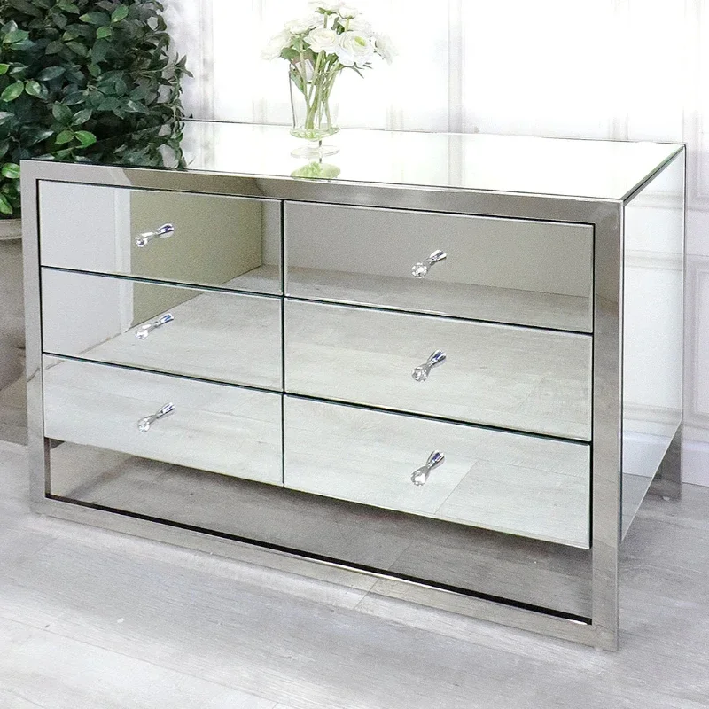 2022 Luxury Living Room Mirrored Cabinet 6 Drawer Stainless Steel Leg Sideboard Chest for Home Hotel