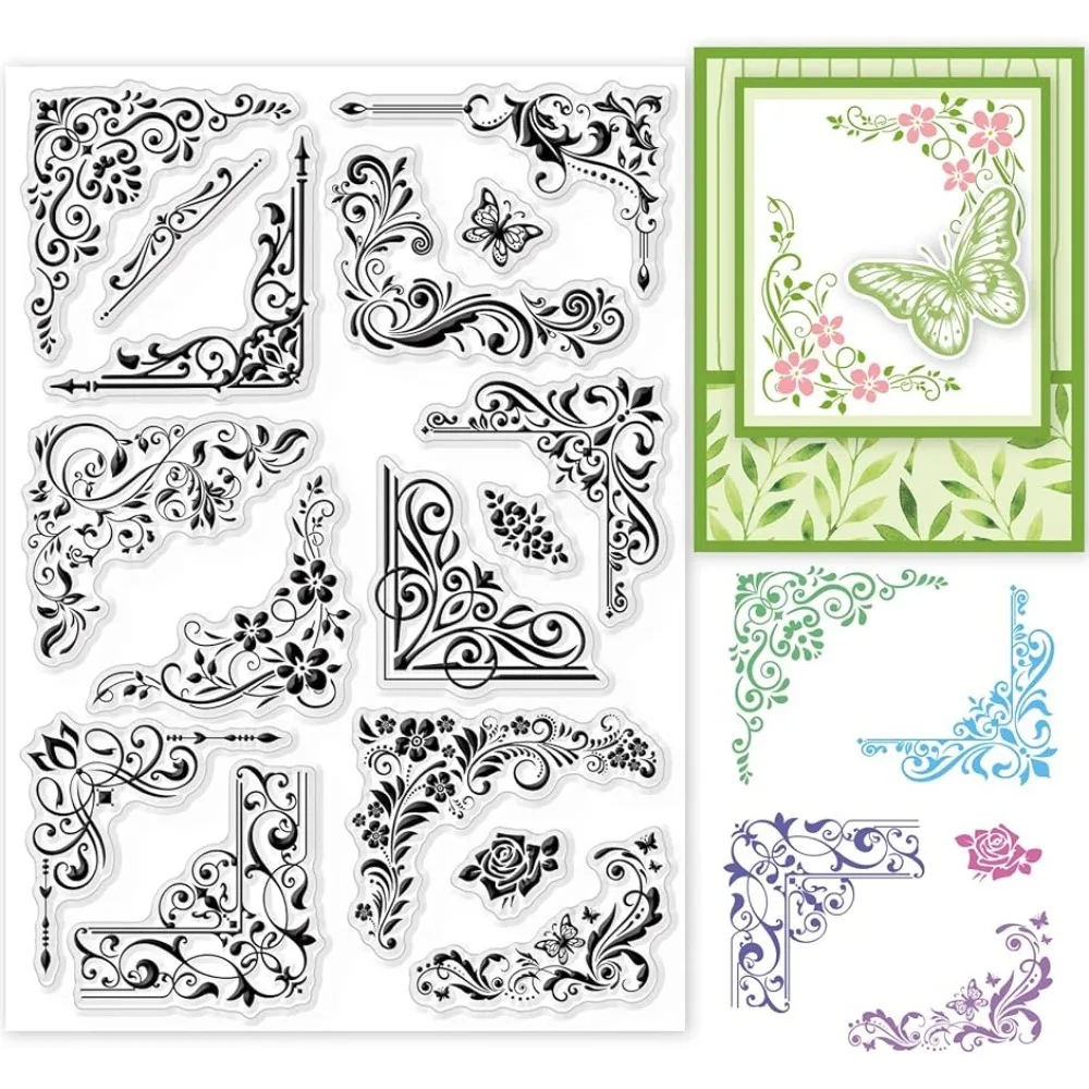 

Flower Lace Clear Stamps Butterfly Border Corner Silicone Clear Stamp Seals for Cards Making DIY Scrapbook Photo Journal Album