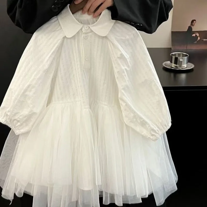 

Girls Dress 2025 Spring and Autumn New Collection Children's Splicing Mesh Skirt Baby Girl's Temperament Solid Color Shirt Skirt