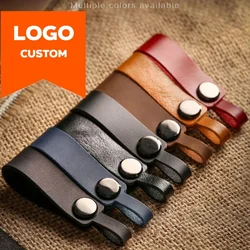 Laser Custom LOGO Crazy Horse Genuine Leather Keychain Vintage Car Keyring Personalize Engrave Name Key Chain Holder Men Women