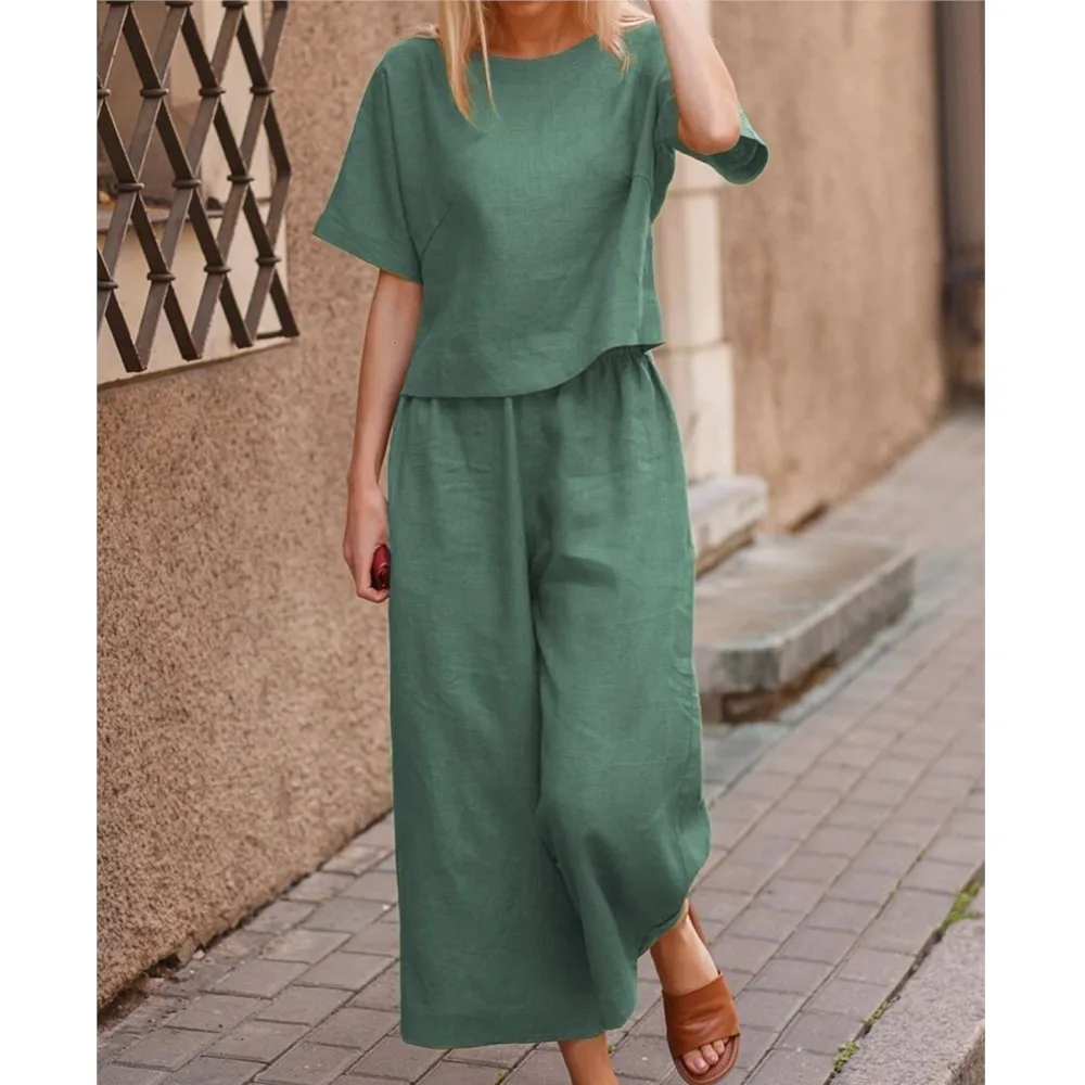 Women\'s Casual Loose Round Neck Top And Wide Leg Pants Two-piece Set 2024 Summer Solid Color Short Sleeved Blouse Trouser Outfit