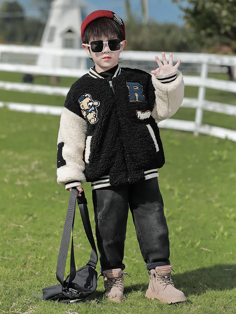 

Утепленная бейсбольная куртка из овечьей шерсти для мальчиков, осенне-зимняя новинка, детская зимняя одежда, молодежная модная повседневная куртка