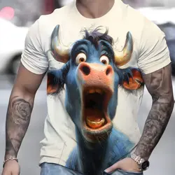 Fashion Men's T Shirt Funny Animal Cow Pattern Printed Short-sleeved Bullfight Tops Tee Casual Mens Streetwear T Shirt