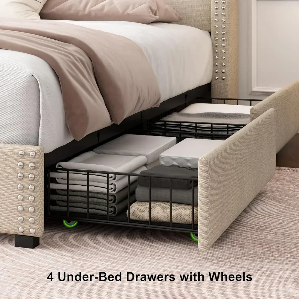 Bed Frame with 4 Storage Drawer, Headboard Charging Station, Solid Wood Slats Support, Bed Frame