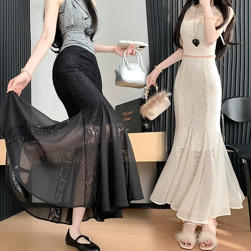 

Сетчатая строчка, кружевная юбка «рыбий хвост», весна и лето, новый дизайн, высокая талия, нерегулярная трапециевидная повязка на бедрах