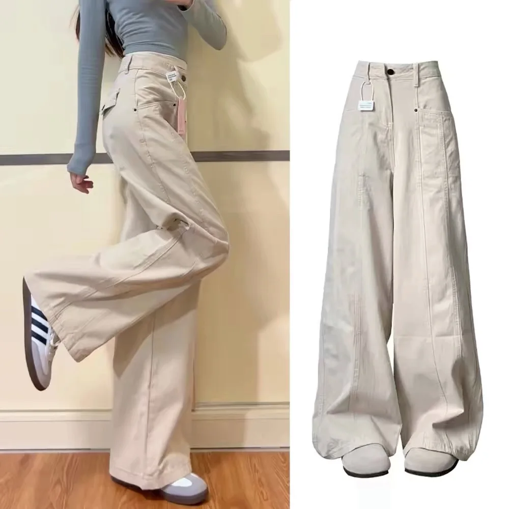 

American Style High Waist Straight Leg Slimming Casual Floor Length Denim Cargo Pants Women's Khaki Summer New Arrival