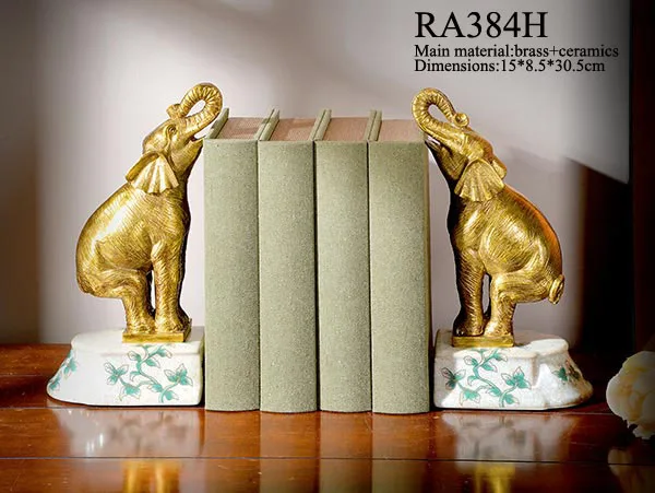 Luxury Business Ornaments Pure Copper Elephant with Marble Base Book Holder Desk Book End Ornaments Accessories Statue