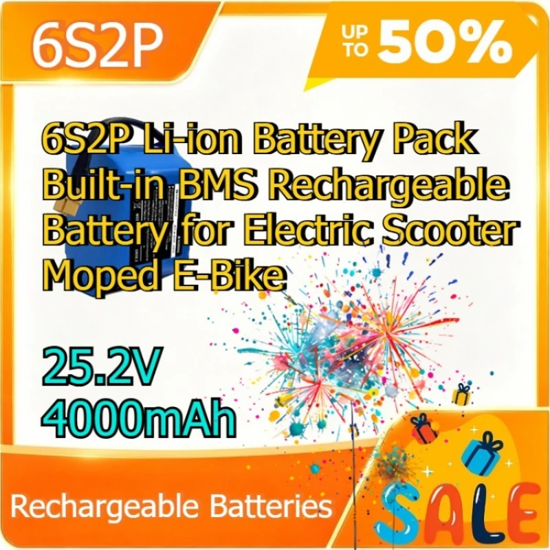 25.2V 4000mAh 6S2P Li-ion Battery Pack Built-in BMS Rechargeable Battery for Electric Scooter Moped E-Bike