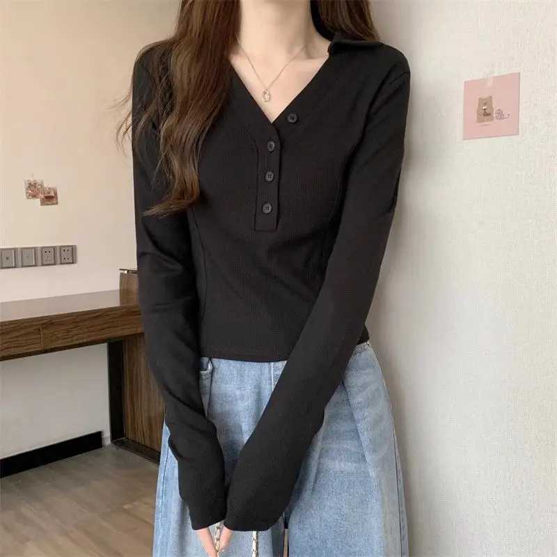 Women's 2026 Fall New Polo Neck Fishbone Long Sleeve Tee Designer Style Waist Defining Slimming Top