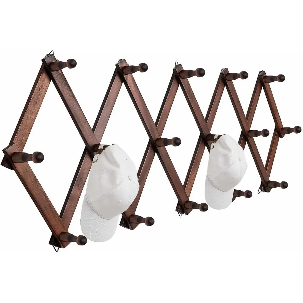 

Настенная вешалка для шляп или головных уборов, расширяемая, с 16 крючками, 16-дюймовые деревянные настенные крючки для бейсболок, ковбойских шляп, сумок, толстовок (коричневые)