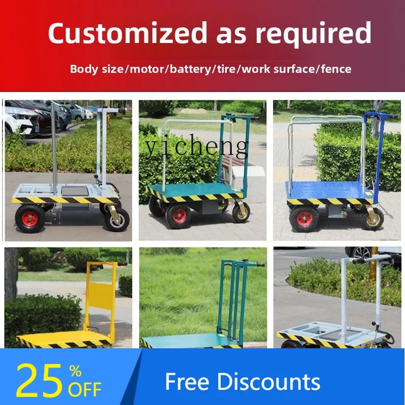 Il camion elettrico a pianale A1 tira il camion da cantiere a quattro ruote con piastrelle in ceramica nel carrello di vetro dell'ascensore